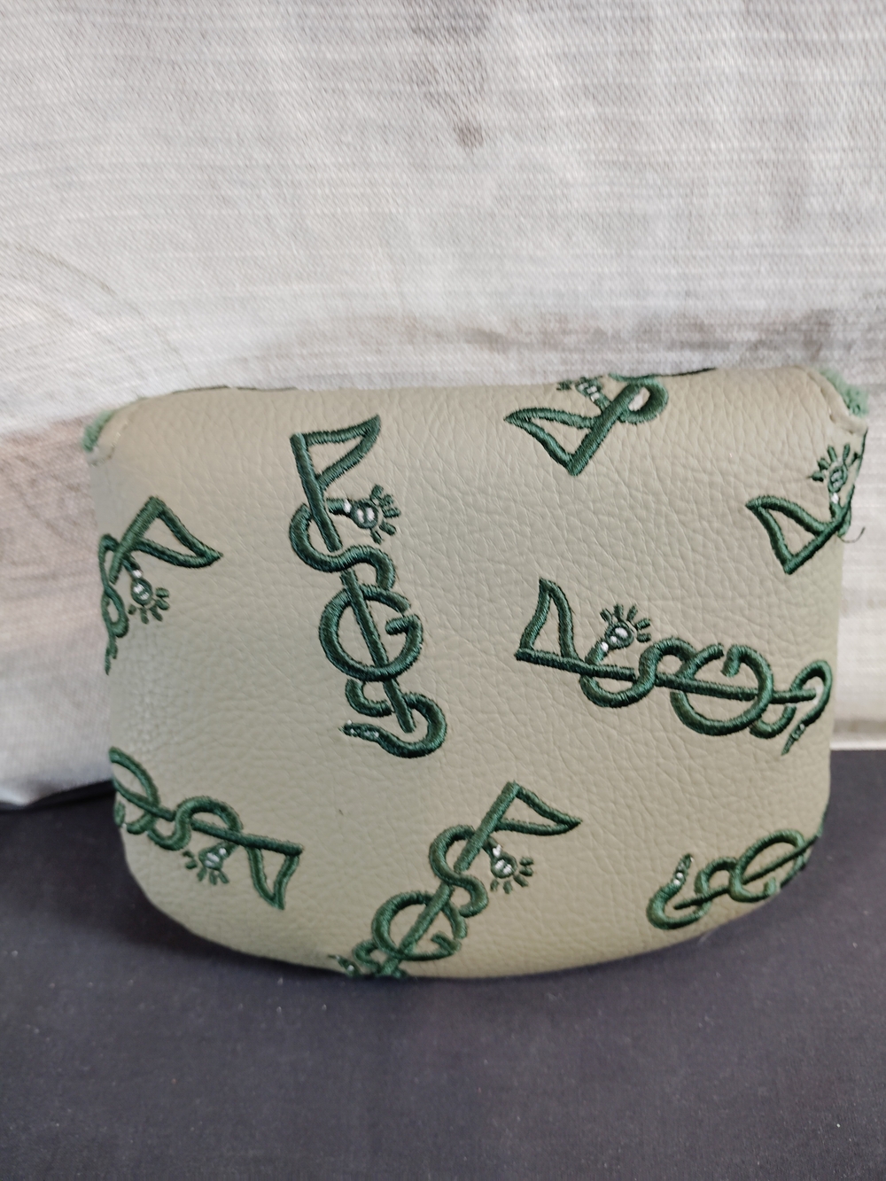 Leather  Putter Head Cover in Olive Green With Hunter Green  Embroidered Design